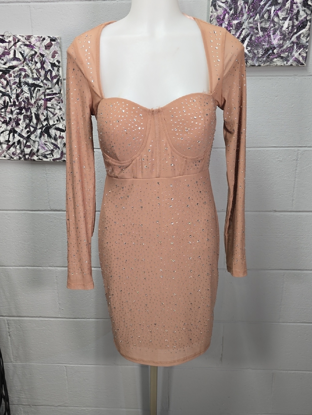 iris  Nude Long-Sleeve Rhinestone Bodycon Dress
